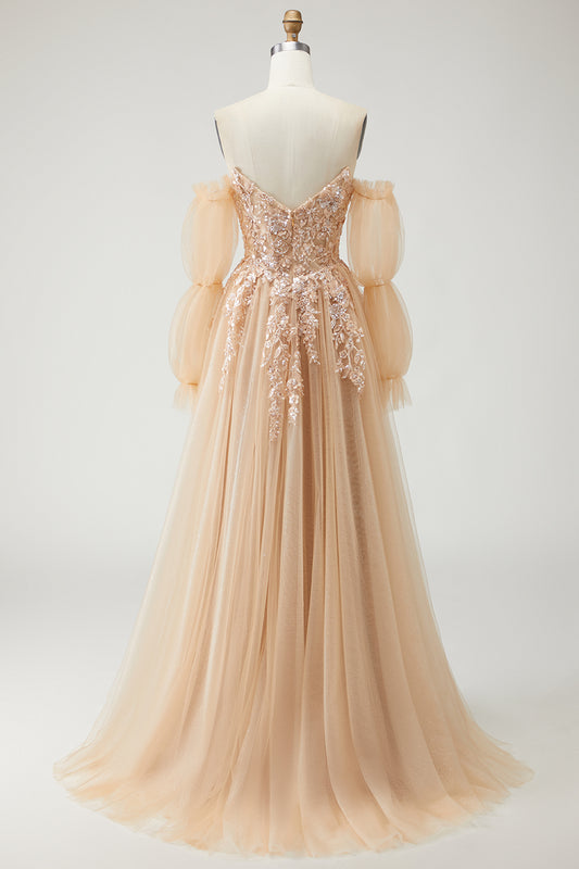 Sparkly Champagne Floral A-Line Long Prom Dress with Detachable Sleeves