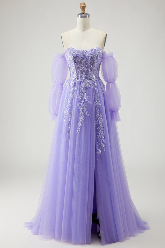 Sparkly Purple Floral A-Line Long Prom Dress with Detachable Sleeves