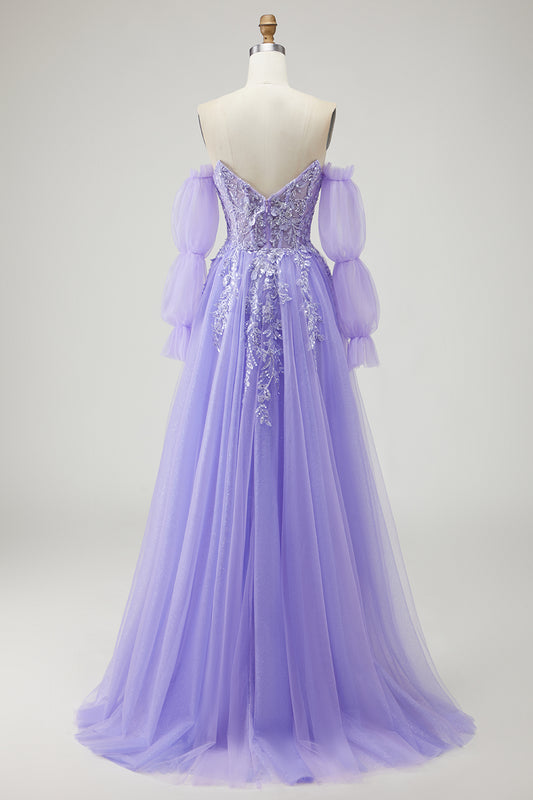 Sparkly Purple Floral A-Line Long Prom Dress with Detachable Sleeves