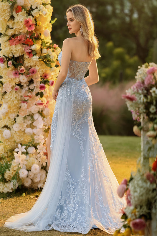 Sparkly Floral Blue Mermaid Sequin Long Corset Prom Dress with Slit