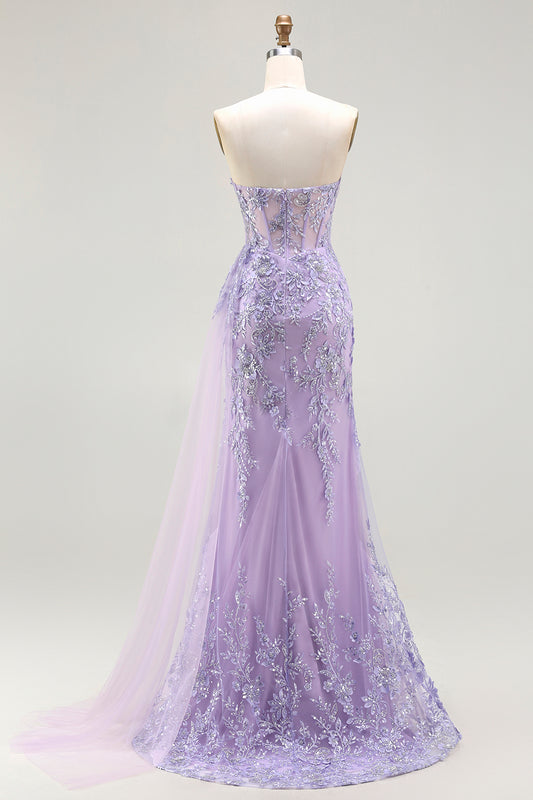 Sparkly Floral Purple Mermaid Sequin Long Corset Prom Dress with Slit