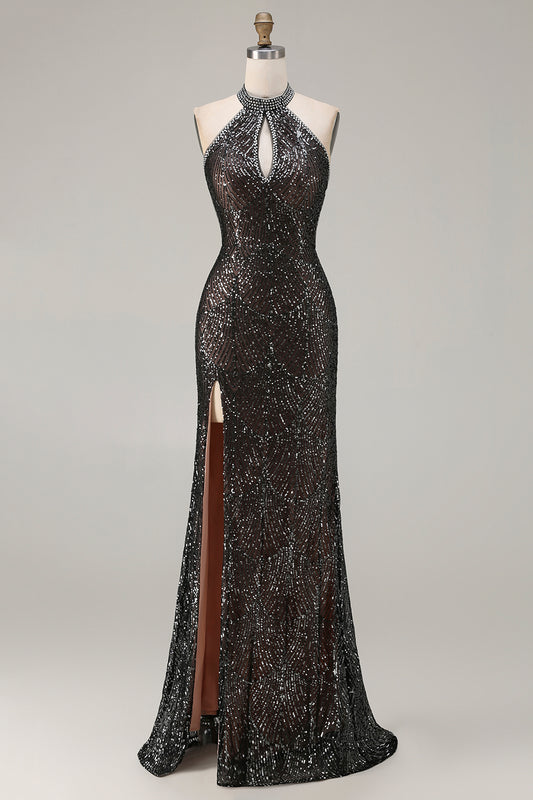 Sparkly Black Halter Neck Mermaid Sequins Long Prom Dress with Slit