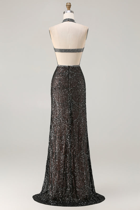 Sparkly Black Halter Neck Mermaid Sequins Long Prom Dress with Slit