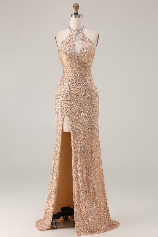 Sparkly Champagne Halter Neck Mermaid Beaded Long Prom Dress with Slit