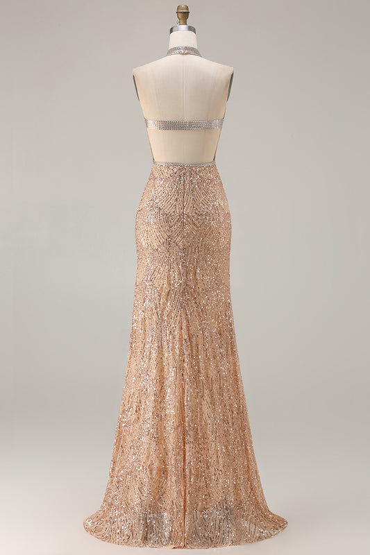Sparkly Champagne Halter Neck Mermaid Beaded Long Prom Dress with Slit