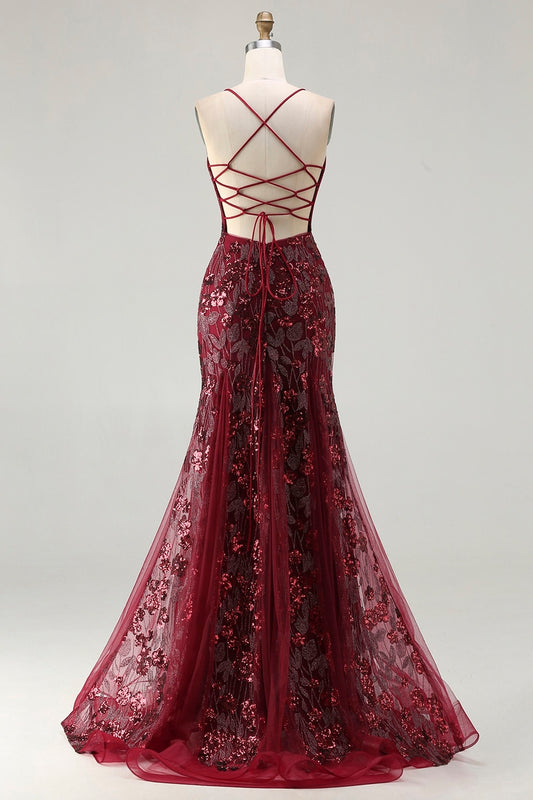 Sparkly Floral Burgundy Mermaid Sequins Long Prom Dress with Beading