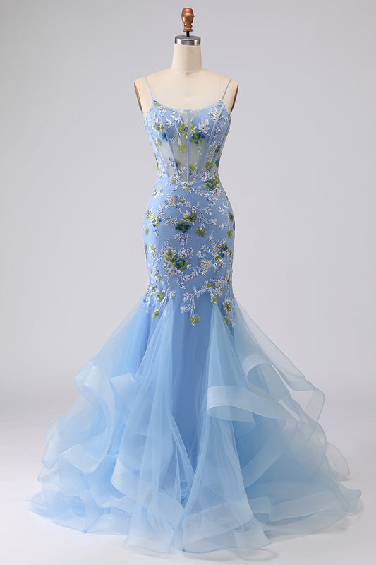 Sparkly Blue Floral Ruffled Spaghetti Straps Appliqued Mermaid Long Corset Prom Dress