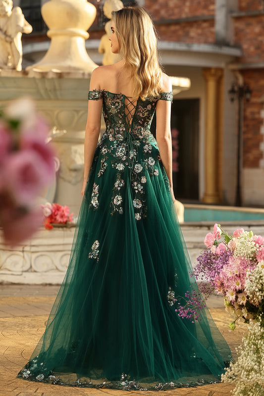 Sparkly Floral Dark Green A Line Off the Shoulder Long Prom Dress with Sequin