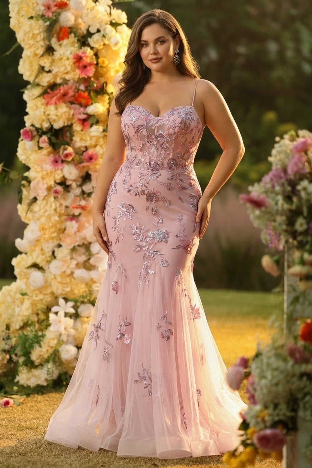 Zapaka Women Blush Long Plus Size Prom Dress with Sequins Mermaid Spaghetti Straps Sheer Corset Wedding Party Dress with Lace Up Back, Blush / US20W Zapaka Women Blush Long Plus Size Prom Dress with Sequins Mermaid Spaghetti Straps Sheer Corset Wedding Party Dress with Lace Up Back, Blush / US20W