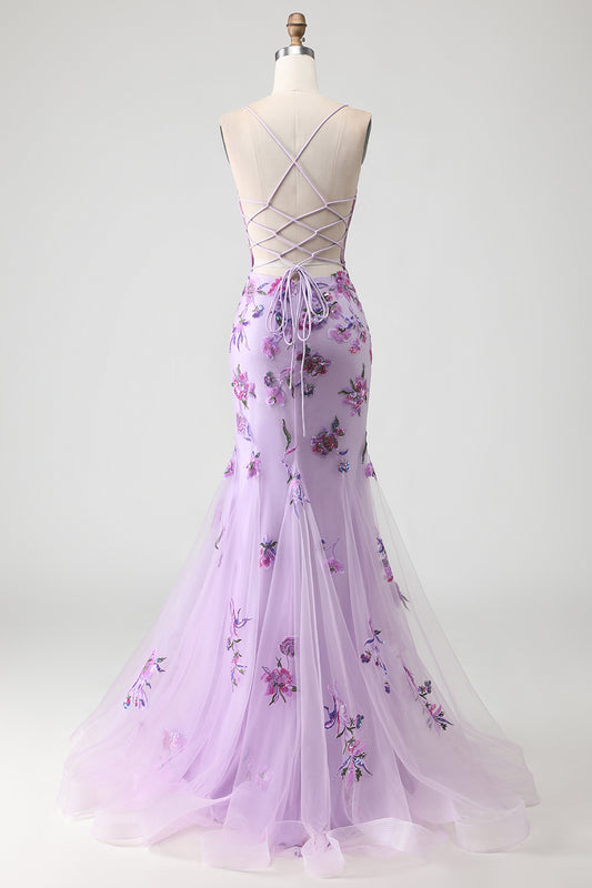 Sparkly Purple Corset Floral Mermaid Long Prom Dress