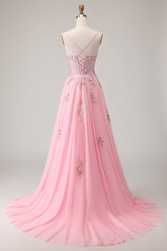 Sparkly Floral Pink A-Line Long Corset Prom Dress with Beading