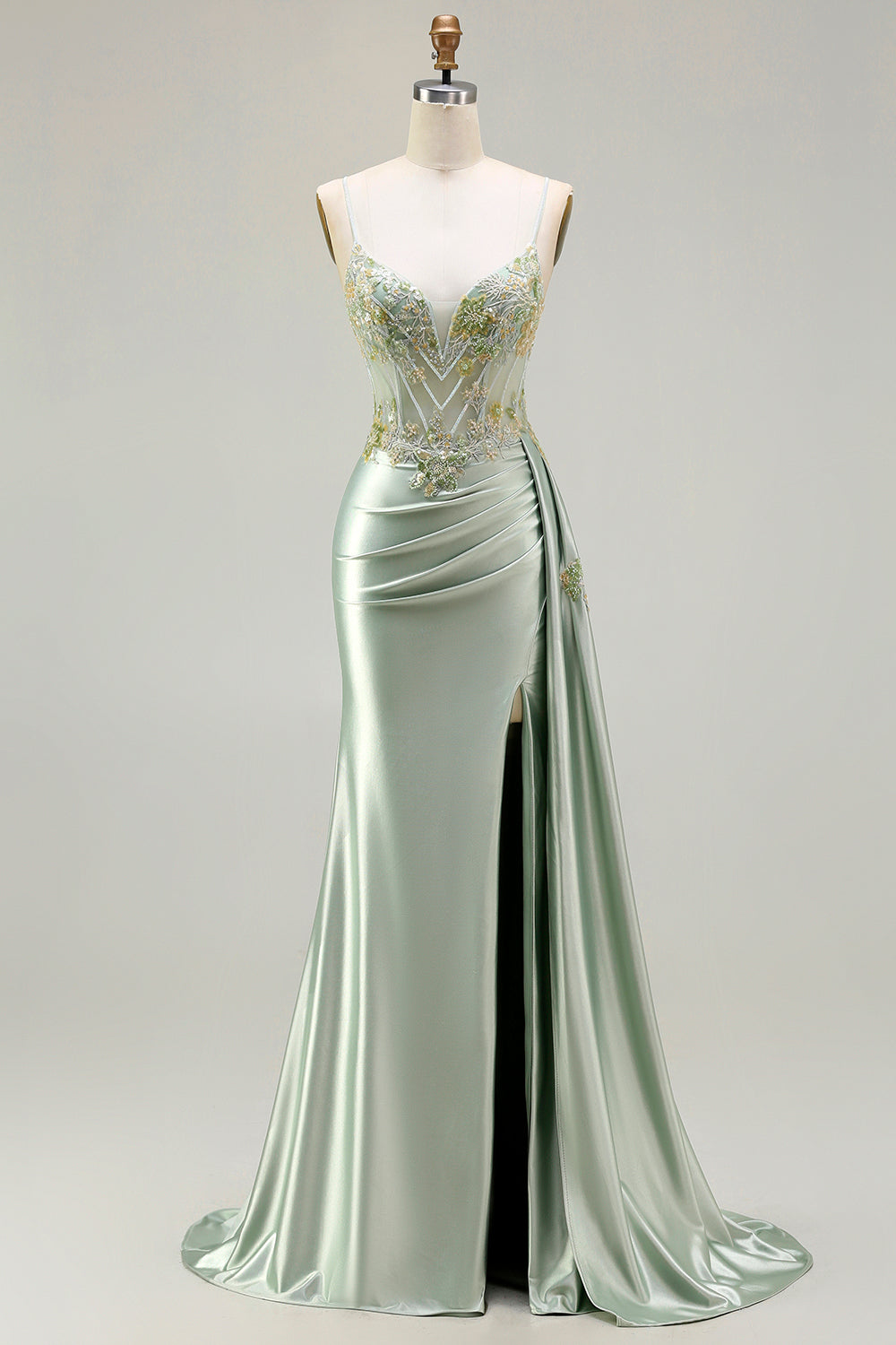 Zapakasa Women Sparkly Floral Green Long Corset Prom Dress with Appliques Spaghetti Straps Backless Ruched Mermaid Evening Dress with Slit Zapakasa Women Sparkly Floral Green Long Corset Prom Dress with Appliques Spaghetti Straps Backless Ruched Mermaid Evening Dress with Slit