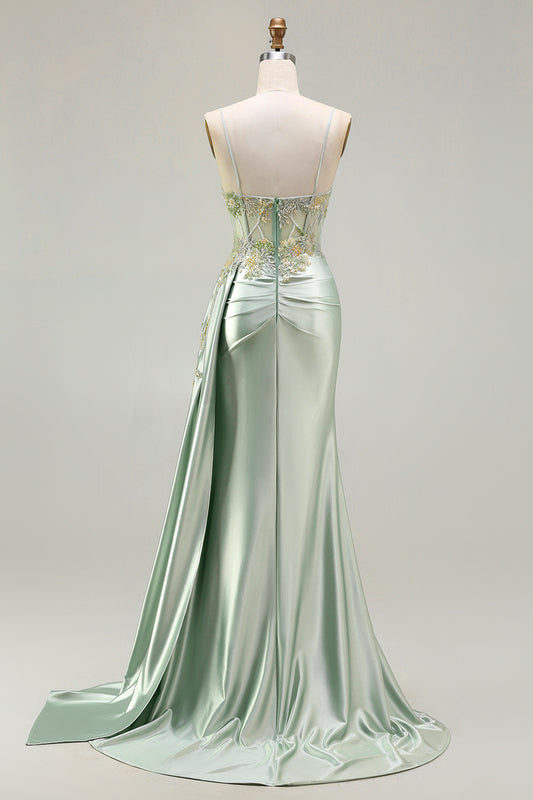 Sparkly Green Floral Mermaid Long Corset Prom Dress with Appliques