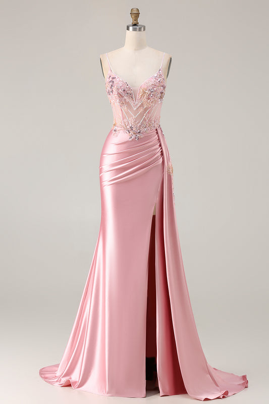 Sparkly Pink Floral Satin Mermaid Long Corset Prom Dress with Sequin