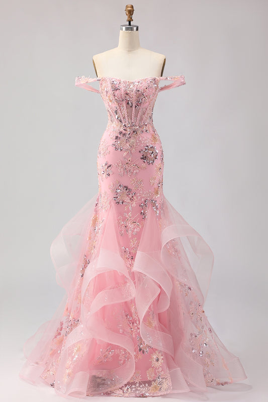 Sparkly Floral Blush Mermaid Ruffled Long Corset Prom Dress