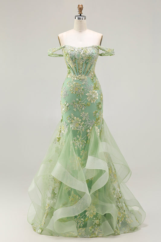 Sparkly Floral Green Mermaid Long Corset Prom Dress with Ruffles
