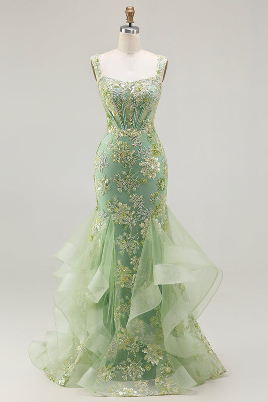 Sparkly Floral Green Mermaid Long Corset Prom Dress with Ruffles