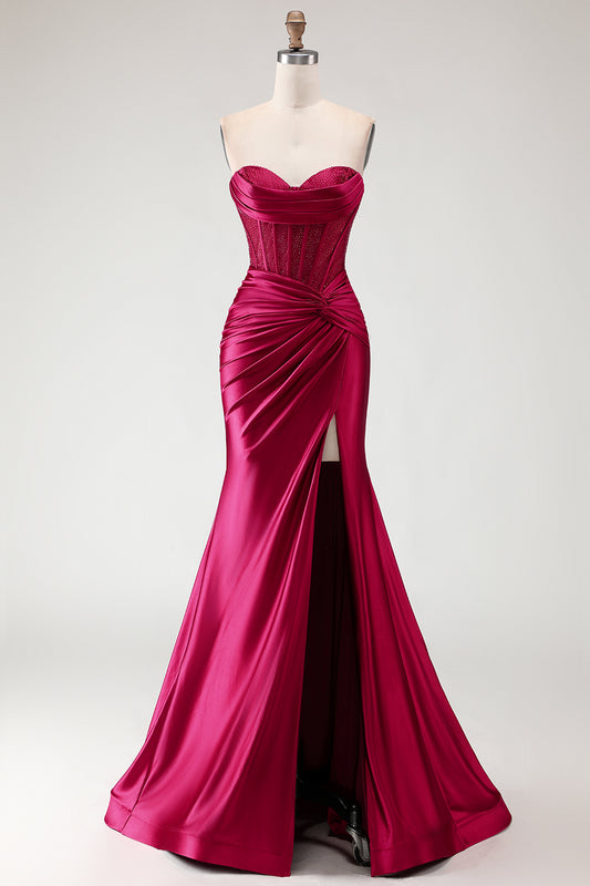Burgundy Satin Mermaid Long Corset Prom Dress with Slit