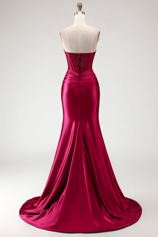 Burgundy Satin Mermaid Long Corset Prom Dress with Slit