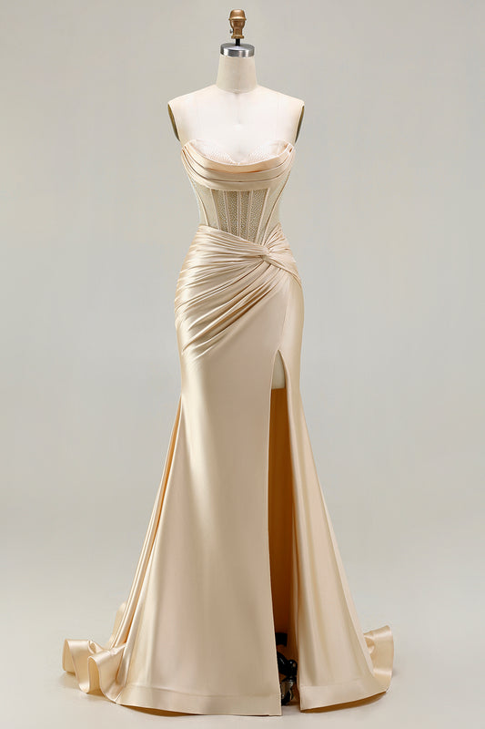 Champagne Satin Mermaid Long Corset Prom Dress with Slit