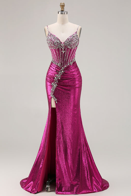 Sparkly Fuchsia Metallic Mermaid Ruched Long Corset Prom Dress with Slit