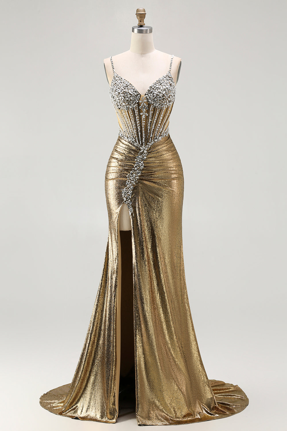 Zapakasa Women Sparkly Golden Beaded Long Corset Prom Dress with Slit Mermaid Metallic Ruched Spaghetti Straps Lace Up Back Gala Dress with Rhinestone Zapakasa Women Sparkly Golden Beaded Long Corset Prom Dress with Slit Mermaid Metallic Ruched Spaghetti Straps Lace Up Back Gala Dress with Rhinestone