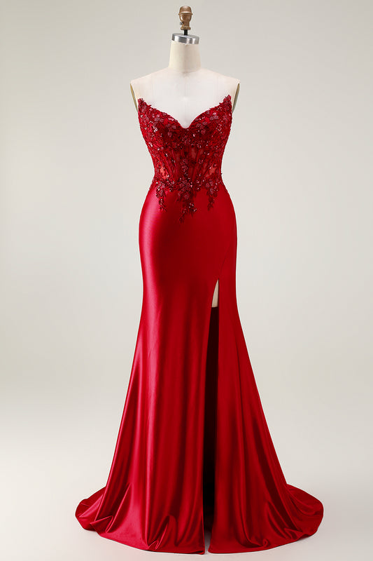 Sparkly Red Appliqued Strapless Mermaid Corset Long Prom Dress with Slit