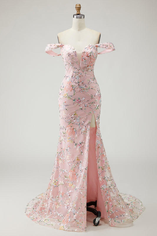 Blush Floral Mermaid Long Prom Dress with Embroidery