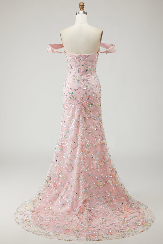 Blush Floral Mermaid Long Prom Dress with Embroidery