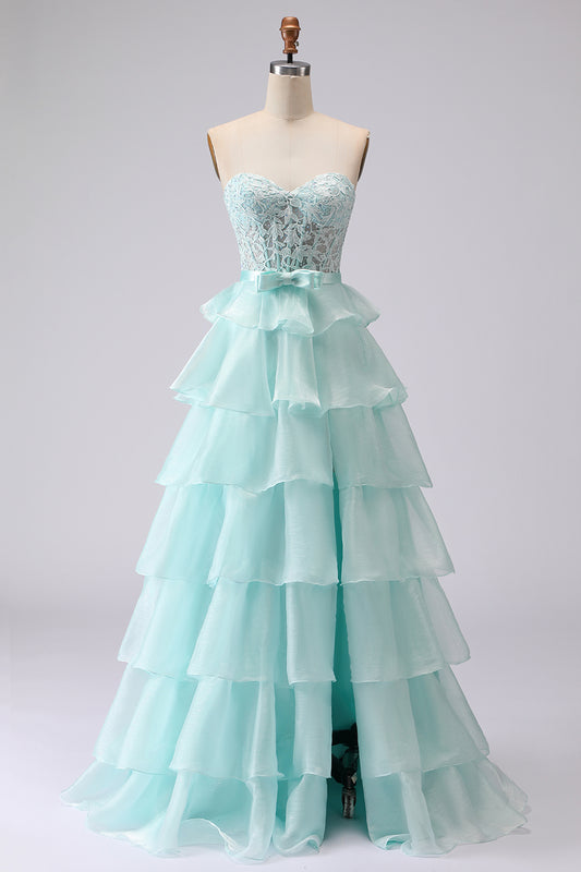 Green A Line Tiered Sweetheart Long Corset Prom Dress with Slit