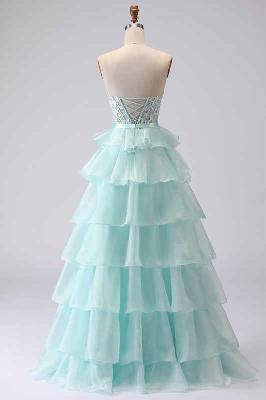 Green A Line Tiered Sweetheart Long Corset Prom Dress with Slit