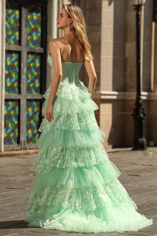 Green A Line Ruffled Strapless Long Corset Prom Dress with Bow