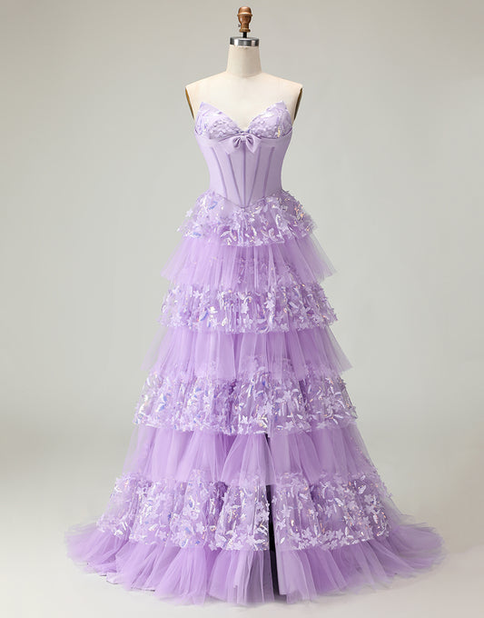 Sparkly Purple Corset A Line Strapless Long Prom Dress with Butterflies