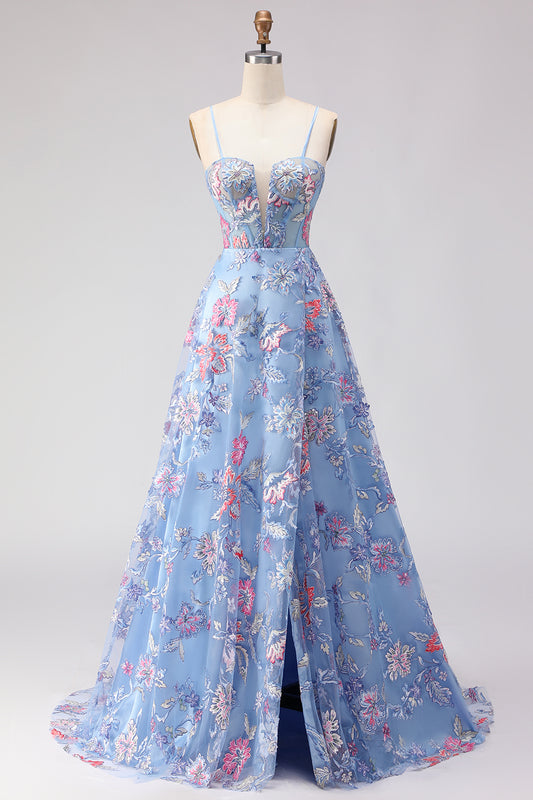 Floral Blue Spaghetti Straps Long Corset Prom Dress with Slit