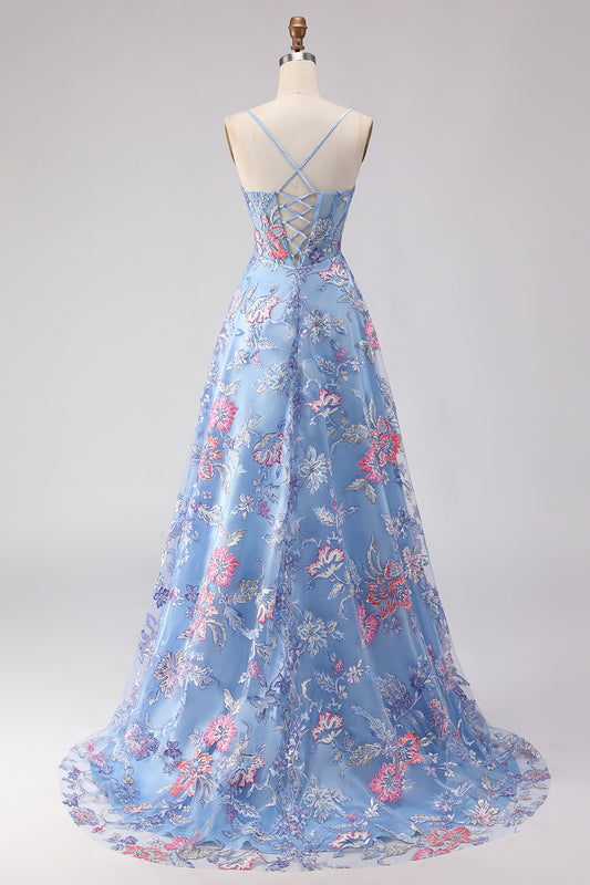 Floral Blue Spaghetti Straps Long Corset Prom Dress with Slit