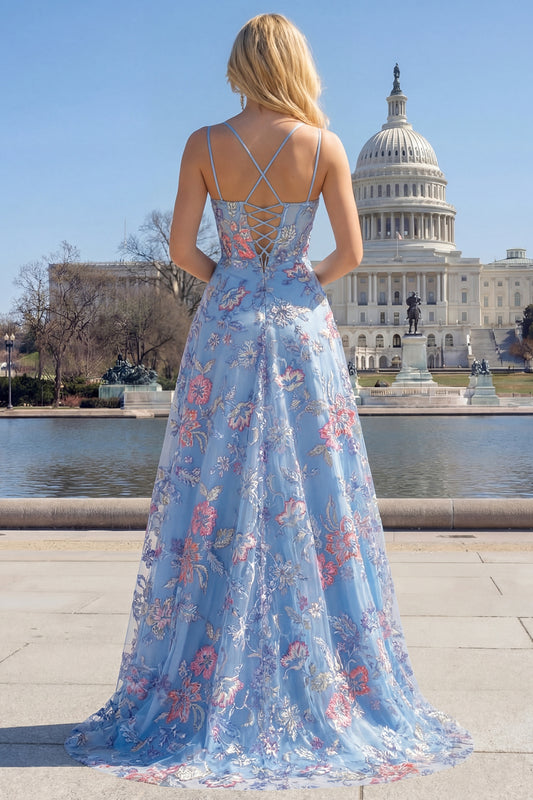 Floral Blue Spaghetti Straps Long Corset Prom Dress with Slit