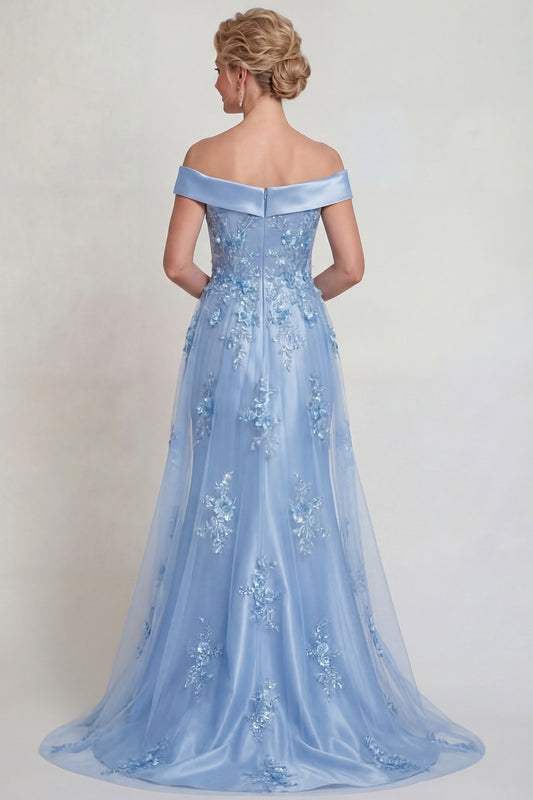 Floral Grey Blue Off the Shoulder Mermaid Long Prom Dress with Cape