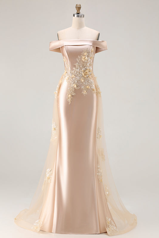 Champagne Mermaid Off the Shoulder Long Prom Dress with Appliques