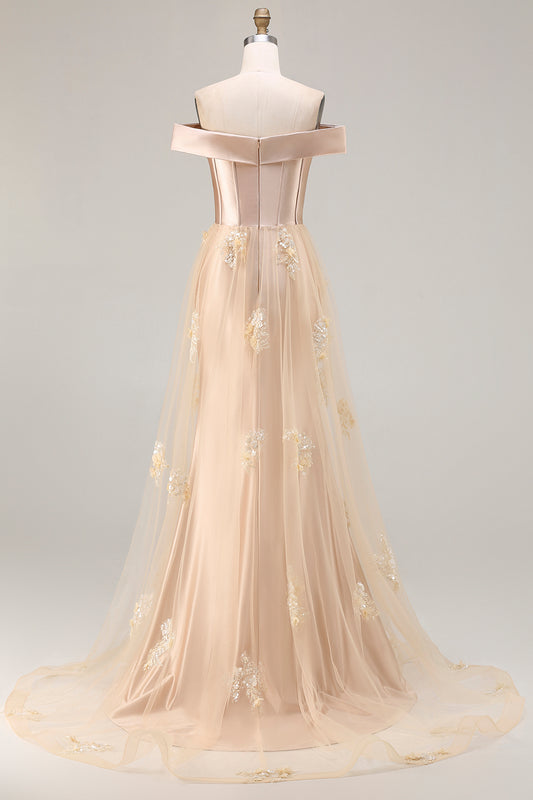 Champagne Mermaid Off the Shoulder Long Prom Dress with Appliques