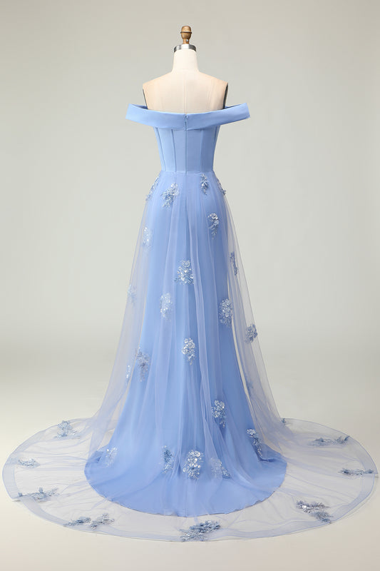 Grey Blue Off the Shoulder Mermaid Long Prom Dress