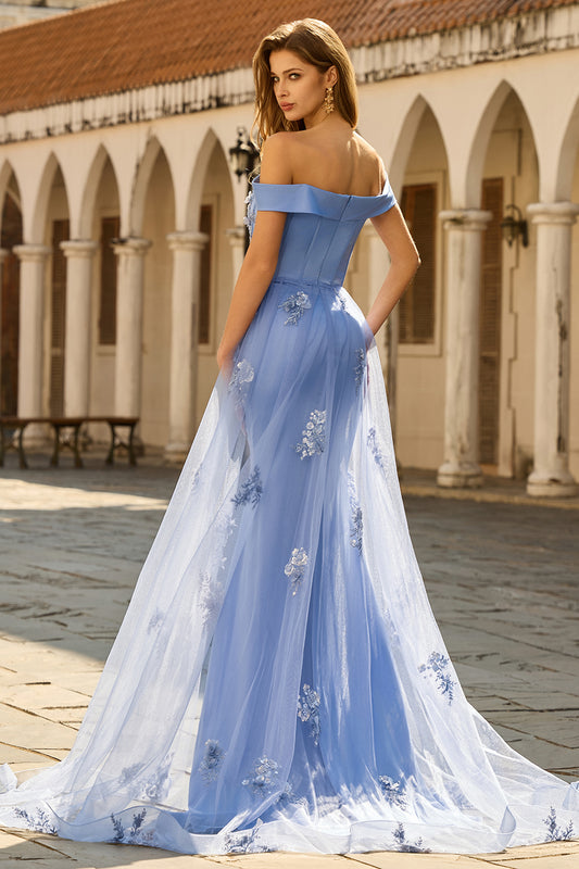 Grey Blue Floral Off the Shoulder Mermaid Long Prom Dress