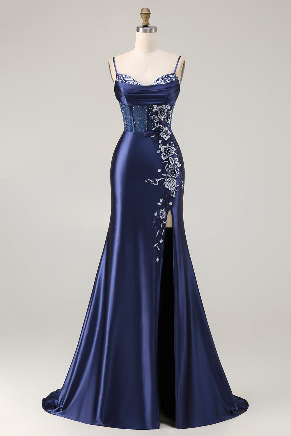Zapaka Women Sparkly Navy Floral Corset Satin Mermaid Long Prom Dress with Slit Beaded Embroidered Spaghetti Straps Lace Up Back Evening Dress, Navy / Zapaka Women Sparkly Navy Floral Corset Satin Mermaid Long Prom Dress with Slit Beaded Embroidered Spaghetti Straps Lace Up Back Evening Dress, Navy /
