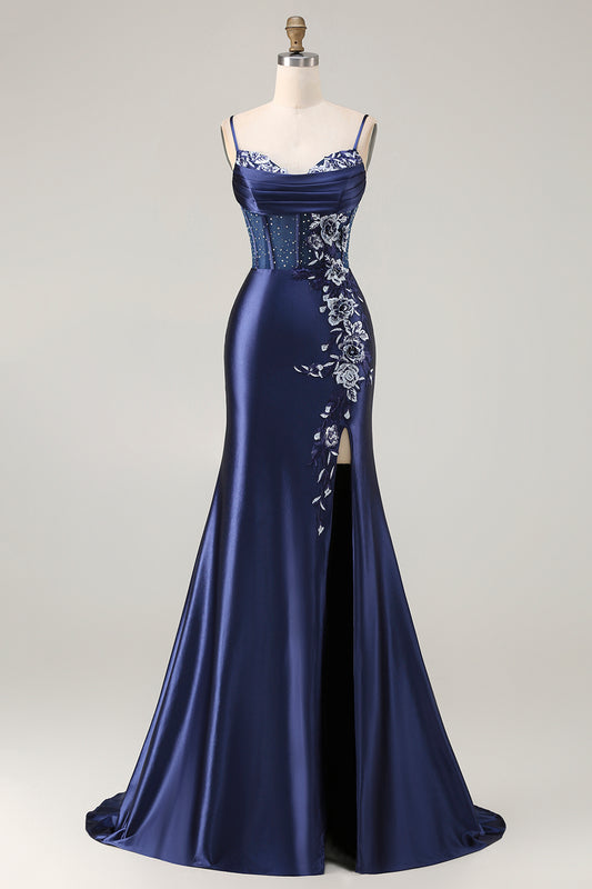 Navy Floral Long Corset Prom Dress with Slit Satin Mermaid Appliqued Spaghetti Straps Lace Up Back Evening Dress with Beading