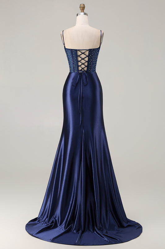 Navy Floral Satin Appliqued Mermaid Long Corset Prom Dress with Slit