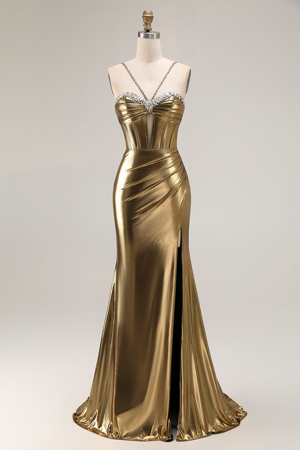 Zapakasa Women Sparkly Golden Metallic Corset Long Prom Dress with Slit Beaded Mermaid Spaghetti Straps Gala Dress Zapakasa Women Sparkly Golden Metallic Corset Long Prom Dress with Slit Beaded Mermaid Spaghetti Straps Gala Dress