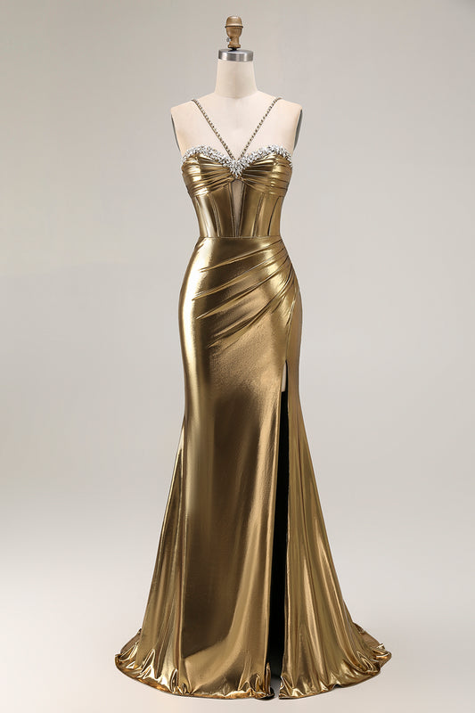 Sparkly Golden Metallic Corset Mermaid Long Prom Dress with Slit