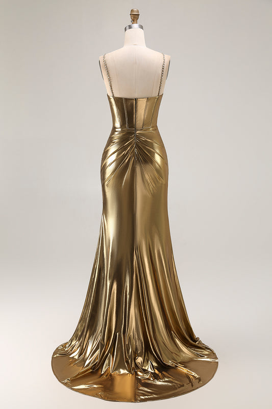 Sparkly Golden Metallic Corset Mermaid Long Prom Dress with Slit
