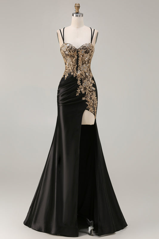 Sparkly Black Beaded Floral Satin Appliqued Long Corset Prom Dress with Slit