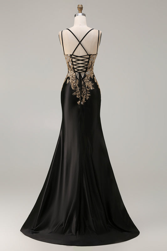 Sparkly Black Beaded Floral Satin Appliqued Long Corset Prom Dress with Slit