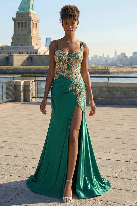 Sparkly Floral Dark Green Mermaid Satin Long Corset Prom Dress with Slit